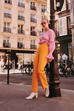 FOLLOWER PANT orange | KEEPSAKE | BNKR Orange And Pink Outfit, Pink And Orange Outfit, Bold Fashion Outfits, Color Composition, Looks Party, Outfit Trends, 2019 Fashion, Puffy Sleeves, Soft Grunge