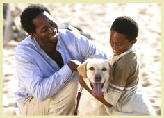 a man and his son petting a dog on the beach