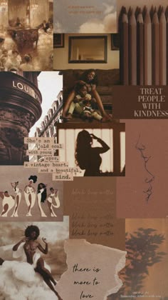 a collage of images with words and pictures on them, including women's silhouettes