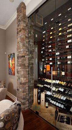 a wine rack in the corner of a living room