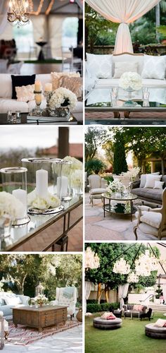 several different pictures of outdoor furniture and flowers in vases on tables, couches with candles, chandelier