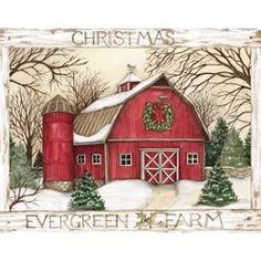 a red barn with christmas wreath on the door and trees around it, is painted in white