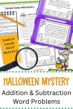 halloween mystery addition and subtraction word problems for kids to practice their reading skills