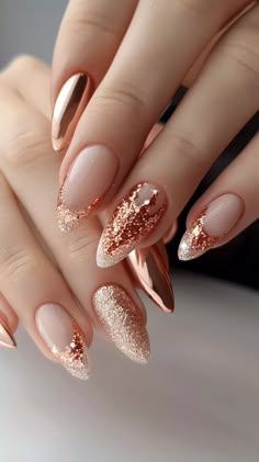 24 Pretty Rose Gold Nail Designs That Sparkle And Shine Rose Gold Almond Nails Sparkle, Simple Pink And Gold Nails, Neutral Nails With Gems, Rose Gold French Tip, Rose Gold Wedding Nails, Chrome Nails Ideas, Rose Gold Nail, Rose Gold Nails Design, Gold Chrome Nails