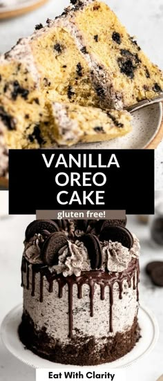 vanilla oreo cake with chocolate chips on top and the words, eat with clarify