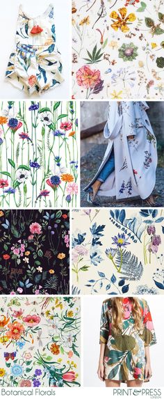 the different patterns and colors of fabric are featured in this collage, including flowers