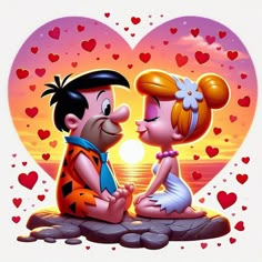 a cartoon couple sitting on top of a rock in front of a heart