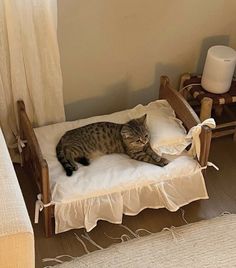 a cat laying on top of a wooden chair next to a bed in a room