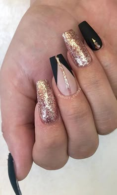 Top 25 Black, Gold, and White Nail Designs to Try in 2024 Black White And Gold Glitter Nails, Elegant Nails Gold And Black, Ombre Black And Gold Nails, Black Golden Nail Design, Black N Gold Nails Design, Trendy Nails Black And Gold, Great Gatsby Nails Designs Black Gold, Gold Bronze Nails, Maroon Black And Gold Nails