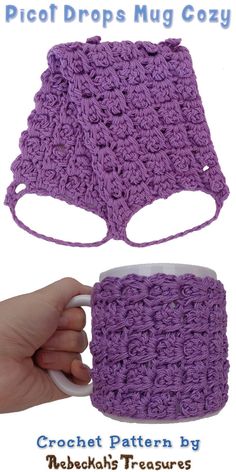 a crochet mug cozy is shown in purple