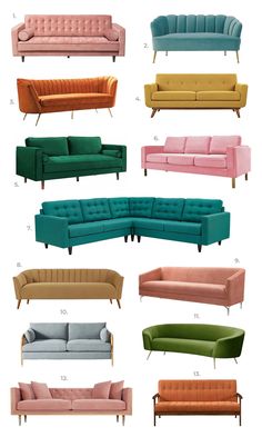 the different types of couches are shown in various colors and sizes, including pink, green