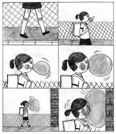 a comic strip with a girl holding a tennis racquet in front of her face