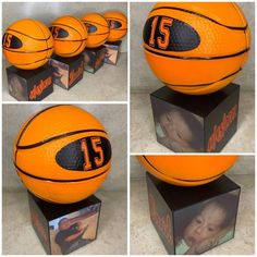 four pictures of basketballs with the number 15 on them and an infant's face