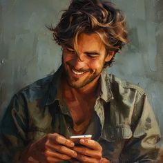 a painting of a man smiling while looking at his cell phone in front of him