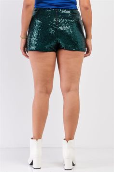 Imported 1XL.2XL.3XL shiny, sequin, high waisted, mini length, back zipper closure, lined, stretchy, non-sheer, disco ball shine, festival look, sexy, party & club wear, night out" 100% Polyester Hunter Green TSH Plus Size Shiny Sequin High Waisted Mini Shorts Size 1XL/1XG Item Measurements: Length: 14", Waist: 34" Blazer And Skirt Set, Club Wear, Sequin Shorts, Stretchy Pants, Mini Short, Festival Looks, Mini Shorts, Disco Ball, Short Rompers