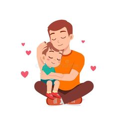 a man sitting on the floor holding a small child in his arms with hearts around him