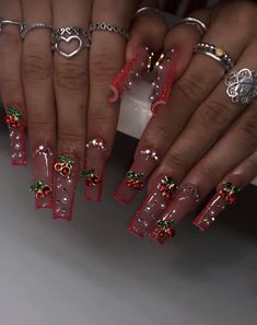 Cherry Nails Long, Nail Designs Boujee, Cherry Rhinestone Nails, Cherry Charm Nails, Cherry Outfit Aesthetic, Rare Nail Designs, Cherry Acrylic Nails, Cherry Nails Acrylic, Acrylic Nails With Charms