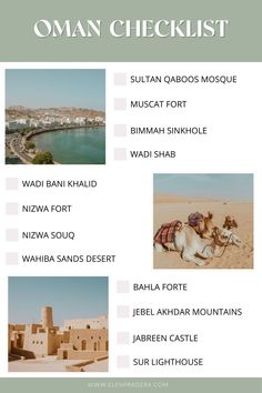 an oman checklist with pictures of the places to see and what to do in oman