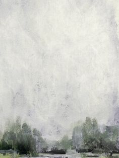 an abstract painting of trees and water on a cloudy day