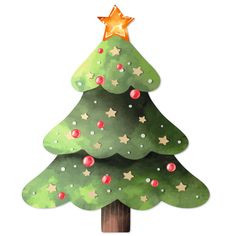 a green christmas tree with gold stars and red berries on it's top, painted in watercolor