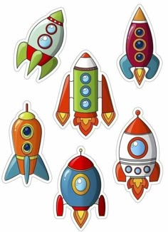 six cartoon rockets with different shapes and sizes