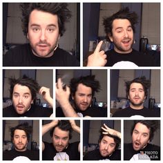 multiple pictures of a man with different hair styles and facial expressions, including the middle finger pointing at his head