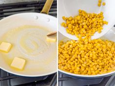 corn being cooked in a skillet and then added to the pan with butter on top