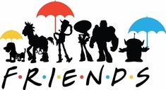 the silhouettes of people with umbrellas are standing in front of a sign that says friends