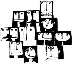 black and white drawing of faces in squares, with one face looking at the viewer