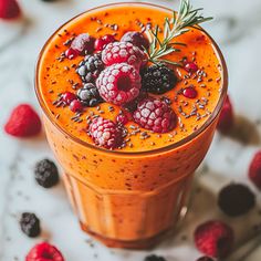 an orange smoothie with berries and rosemary garnish on the top, surrounded by raspberries