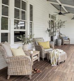 a black and white dog laying on top of a wooden floor next to two wicker chairs