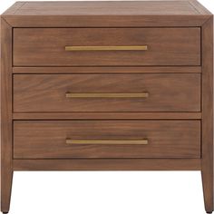 a wooden dresser with three drawers and gold handles