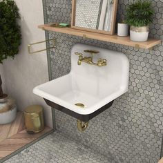 a bathroom sink sitting under a mirror next to a shelf with potted plants on it