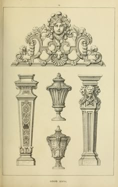 four different types of vases on display in an antique book page, from the early 19th century