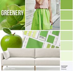 an apple sitting on top of a couch next to a green color swatch with the words greenery written below it