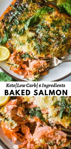 keto low carb ingredients baked salmon on a plate with lemons and herbs