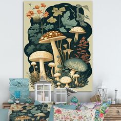 mushrooms and plants are on the wall in this room with a painting above it,