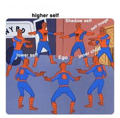 an image of spider - man doing different poses with caption that reads, higher self shadow self lower self egg inner child