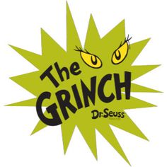 the grinch dr seuss logo is green with yellow eyes and an angry expression