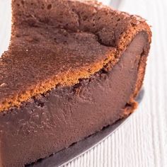 a piece of chocolate cake sitting on top of a white table