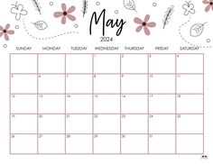 the may calendar is shown with flowers and leaves in pink, black and white colors