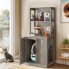 a cat sitting in front of a gray wooden cabinet with shelves on the top and bottom