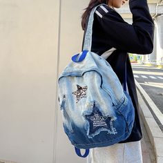 The size: 32cmx40cmx14cm [23y 8m 18d] Trendy Cotton Bags For Students, Trendy Light Blue Backpack For Daily Use, Denim Backpack For School, Blue Denim Travel Backpack, Trendy Blue Backpack For School, Back-to-school Denim Blue Backpack, Trendy Blue School Backpack, Trendy Blue Backpack For Daily Use, Trendy Denim Blue Bags For Back To School