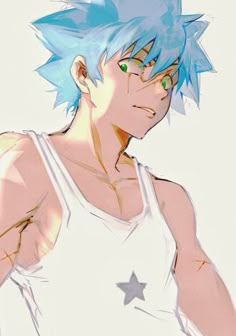 an anime character with blue hair and green eyes