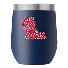 a blue tumbler with the word ole mississippi on it's side and red lettering