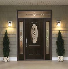 a front door with two potted plants next to it and lights on the side