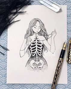 a drawing of a woman with a skeleton on her chest and a pen next to it