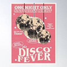 High-quality posters to hang in dorms, bedrooms or offices. Multiple sizes are available. Printed on 185gsm semi gloss poster paper. Additional sizes are available. This piece is perfect as some bar art or by a hallway, careful not to catch the disco fever! Disco Chalkboard, 70s Disco Graphic Design, Retro Poster Graphic Design, Disco Fever Aesthetic, Disco Design Graphics, Retro Disco Poster, Disco Phrases, Disco Event Poster, Disco Save The Date