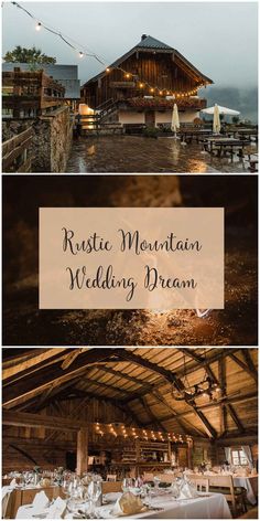 rustic mountain wedding in the rain with tables and chairs set up for an outdoor reception