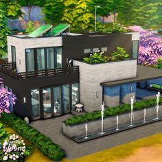 an artist's rendering of a modern house in the middle of trees and bushes